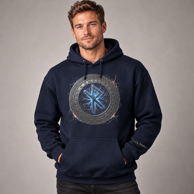 May include: A navy blue hooded sweatshirt featuring a large circular graphic on the chest. The design displays a glowing blue rune symbol surrounded by a metallic-looking ring with etched characters and lightning-like energy effects.