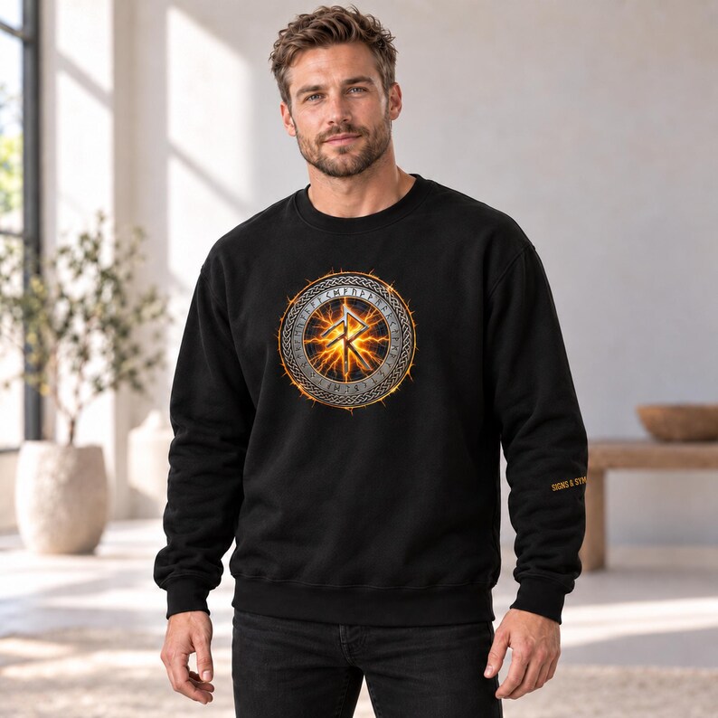May include: A black long-sleeve sweatshirt featuring a circular graphic on the chest. The design displays a glowing orange rune symbol surrounded by a ring of Norse runes and a braided border. The text SIGNS & SYMBOLS is printed on the sleeve.