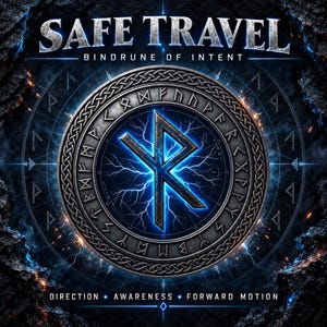 May include: A circular metallic emblem featuring the text SAFE TRAVEL and BINDRUNE OF INTENT. The center displays a glowing blue rune surrounded by lightning effects and a ring of smaller runes. The bottom text reads DIRECTION, AWARENESS, FORWARD MOTION.