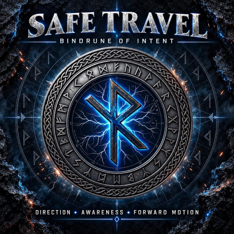 May include: A circular metallic emblem featuring the text SAFE TRAVEL and BINDRUNE OF INTENT. The center displays a glowing blue rune surrounded by lightning effects and a ring of smaller runes. The bottom text reads DIRECTION, AWARENESS, FORWARD MOTION.