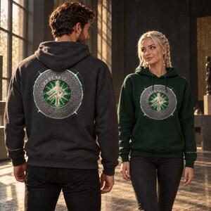 May include: A dark gray hoodie and a dark green hoodie, each featuring a circular graphic on the back and front respectively. The design displays a central rune symbol surrounded by a metallic ring with etched characters and a green glow.
