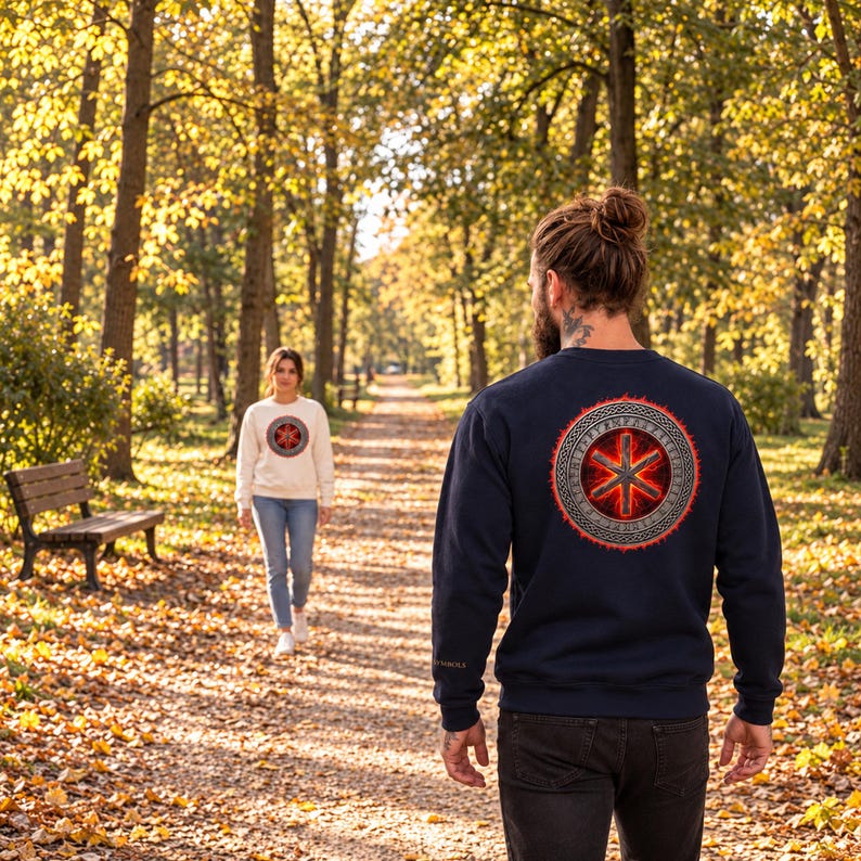 May include: A navy blue long-sleeve sweatshirt featuring a large circular graphic on the back with a red glowing centre, a six-pointed star symbol, and a detailed border. A matching white sweatshirt with the same circular graphic is also visible.