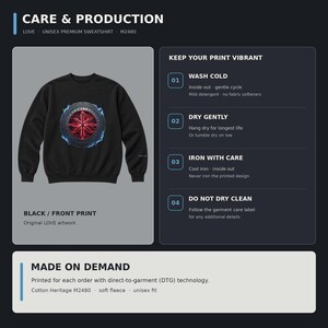 May include: A black sweatshirt featuring a circular graphic with a red rune symbol surrounded by blue lightning effects. The image includes care instructions for washing, drying, and ironing, alongside production details for the garment.