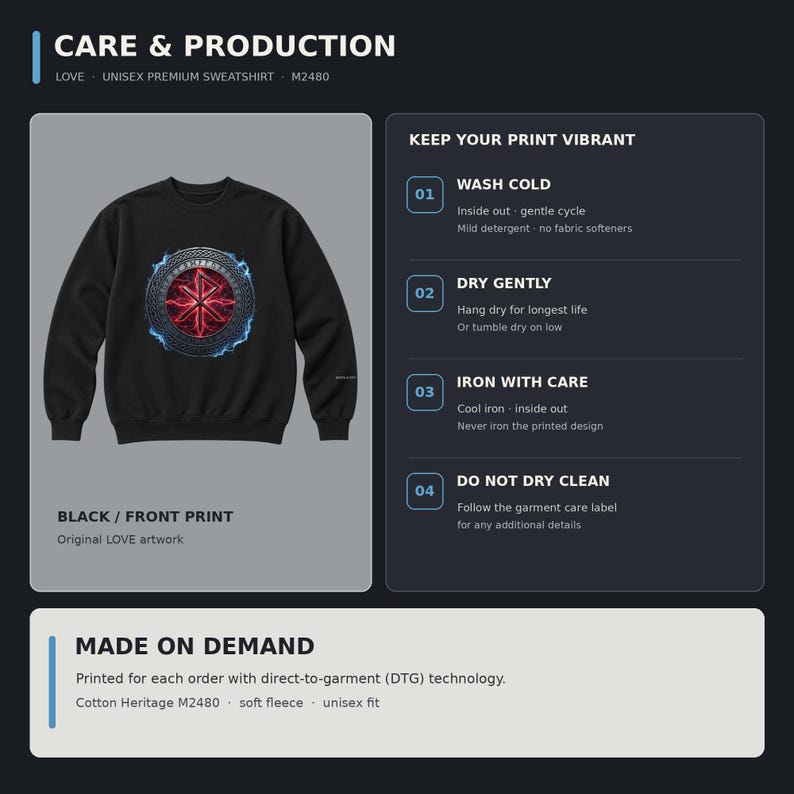 May include: A black sweatshirt featuring a circular graphic with a red rune symbol surrounded by blue lightning effects. The image includes care instructions for washing, drying, and ironing, alongside production details for the garment.