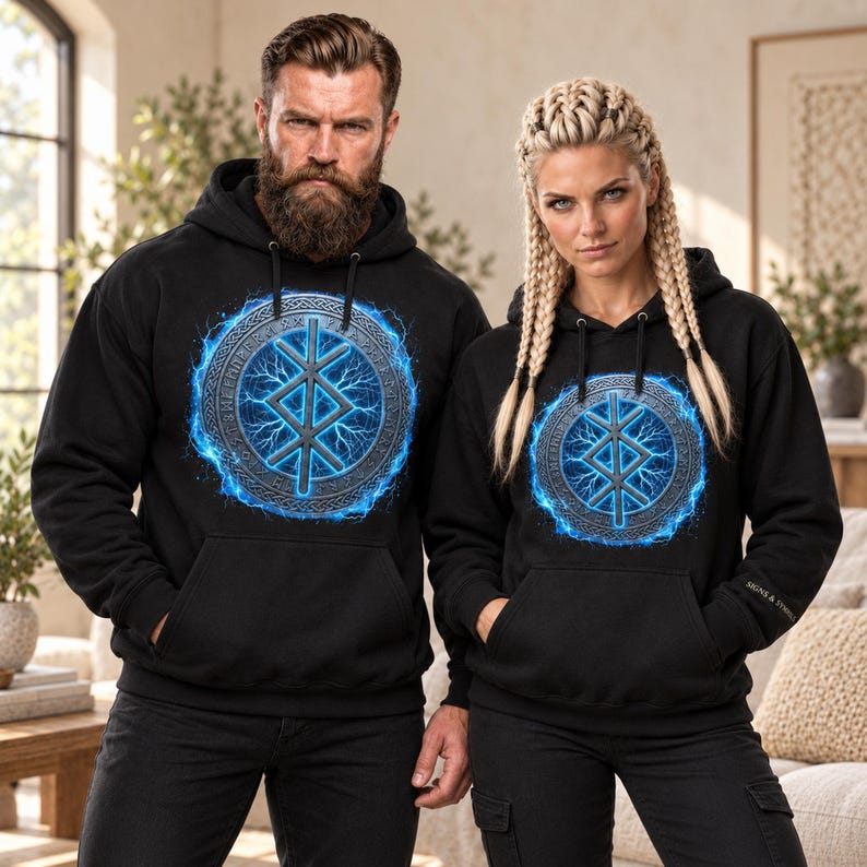May include: Two black hooded sweatshirts featuring a central circular graphic with a blue glowing runic symbol surrounded by lightning effects. The design includes intricate knotwork patterns within the circle and a front kangaroo pocket.