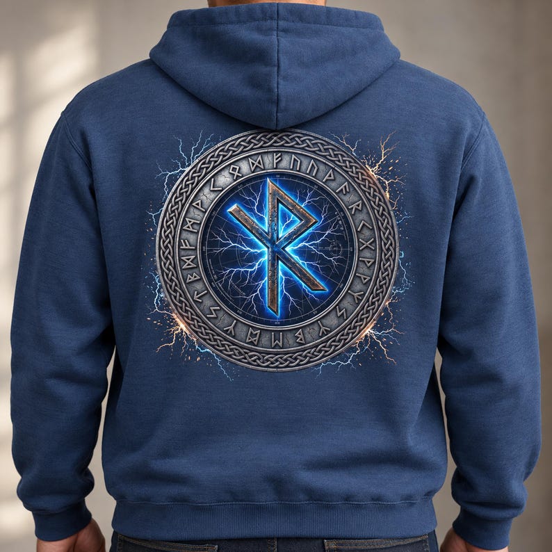 May include: A navy blue hooded sweatshirt featuring a large circular graphic on the back. The design includes a metallic-toned border with runic characters, surrounding a central glowing blue rune symbol set against a backdrop of electric lightning.