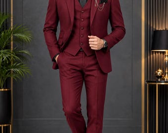 Burgunderroter 3-teiliger Hochzeitsanzug für Herren, Slim-Fit-Smoking mit Weste