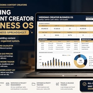 Peut inclure: Un écran d'ordinateur portable affichant une feuille de calcul Wedding Content Creator Business OS avec un aperçu de l'activité, des graphiques de revenus et de bénéfices, et un pipeline de prospects. L'interface inclut la gestion des prix et clients.