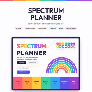 May include: A digital Spectrum Planner interface featuring a rainbow graphic, seven colored sections labeled Study, Work, Health, Money, Social, Creative, and Rest, and text detailing 68 pages, 3 weekly layouts, 3 daily layouts, 12 trackers, 8 logs, and 5 sticker sheets.