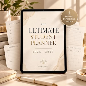 Peut inclure: Une tablette numérique affiche une couverture de planificateur intitulée The Ultimate Student Planner 2026-2027 avec une icône de lotus et le texte Zenvoriaarticles. Un badge circulaire indique Digital Download PDF. Des pages montrent des plannings.