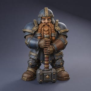 May include: A figurine of a bearded dwarf warrior wearing blue and brown plate armour with gold-toned rivets. The dwarf wears a matching helmet and holds a large, rectangular-headed war hammer with both hands in front of the chest.