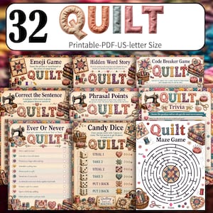 Puede incluir: Una colección de hojas de juegos en PDF imprimibles con temática de acolchado, que incluye Emoji Game, Hidden Word Story, Code Breaker, Correct the Sentence, Phrasal Points, Trivia, Ever Or Never, Candy Dice y un juego de laberinto.