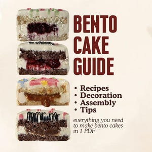 May include: A digital guide titled BENTO CAKE GUIDE featuring four stacked cross-sections of small cakes with various fillings including berry, caramel, and chocolate. The text includes Recipes, Decoration, Assembly, Tips, and everything you need to make bento cakes in 1 PDF.