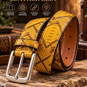 Yellow Python Embossed Leather Belt, Exotic Snake Texture, Silver Buckle