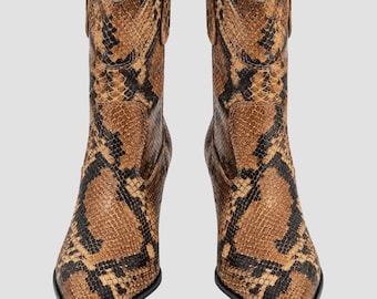Brown Snakeskin Print Western Ankle Boots with Pointed Toe and Block Heel