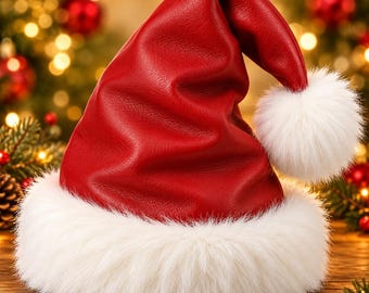 Rode leren kerstmuts met witte bontrand, luxe kerstmuts met pompon