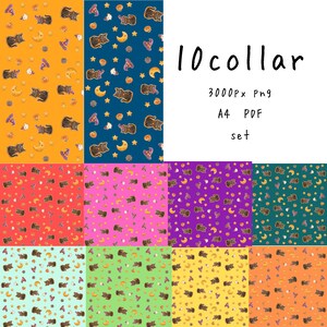 Witch & Black Cat Halloween Seamless Pattern – 10 Color Set | Digital Paper PNG + A4 PDF