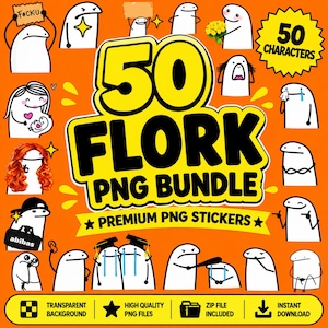 Könnte beinhalten: Eine digitale Sammlung von 50 Flork-Charakter-Stickern mit verschiedenen Ausdrücken und Posen auf orangefarbenem Hintergrund. Der Text lautet 50 FLORK PNG BUNDLE, PREMIUM PNG STICKERS, TRANSPARENT BACKGROUND, HIGH QUALITY PNG FILES, ZIP FILE INCLUDED und INSTANT DOWNLOAD.