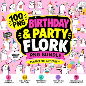 Op de afbeelding: Een digitale collectie van 100 PNG-bestanden met cartoon Flork-personages in feesthoedjes met verjaardagsthema's. De centrale tekst luidt BIRTHDAY & PARTY FLORK PNG BUNDLE. De achtergrond is lichtroze met kleurrijke confetti en iconen.