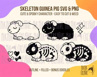 Skelet cavia SVG + PNG set – 4 schattige griezelige Halloween-ontwerpen | Huisdier snijbestand & clipart