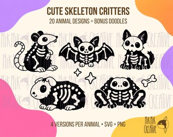 Leuke SVG-bundel met skeletdieren | Spookachtige gothic hond, rat, vleermuis, cavia en kikker | 20 Halloween-snijbestanden | PNG