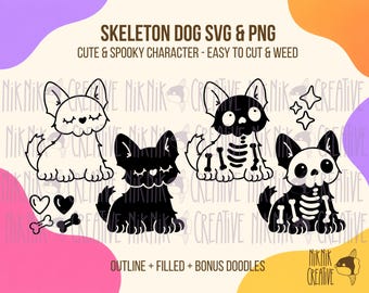Skelethond SVG + PNG-set – 4 schattige griezelige ontwerpen | Halloweenhond snijbestand & gothic huisdierclipart