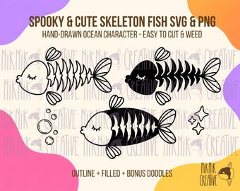 Skeletvis SVG PNG, Röntgenvis Halloween snijbestand, Schattige griezelige visgraten, 3 handgetekende oceaanontwerpen, Cricut diepzeedier