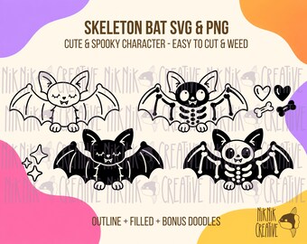 Skeletvleermuis SVG + PNG-set – 4 schattige griezelige Halloween-ontwerpen | Gotische vleermuis snijbestand en clipart