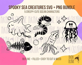 Spookachtige zeedieren SVG- en PNG-bundel – Leuke en griezelige Halloween-clipart | Snijbestanden van oceaandieren