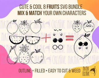 Mix en match schattige en coole fruitfiguurtjes in SVG-bundel, snijbestanden, gezichtjes, aardbei, citroen, watermeloen, appel en ananas, peer, sinaasappel