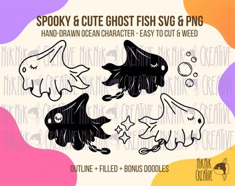 Schattige spookvis SVG PNG, Halloween vis snijbestand, griezelige zeegeest met bal en ketting, contour en gevuld