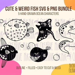 Könnte beinhalten: Ein digitales Set mit fünf handgezeichneten Meeresbewohnern, darunter ein Kugelfisch, ein Rochen, ein Aal, ein Mondfisch und ein Anglerfisch. Der Text lautet CUTE & WEIRD FISH SVG & PNG BUNDLE, 5 HAND-DRAWN OCEAN CHARACTERS, OUTLINE + FILLED • EASY TO CUT & WEED.