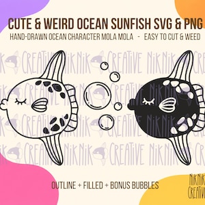 Cute Weird Ocean Sunfish SVG PNG, Mola Mola Cut File, Hand-Drawn Sun Fish, Outline and Filled Sea Animal