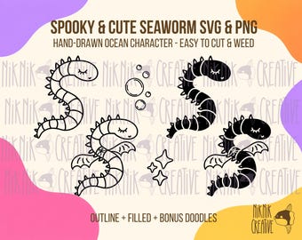 Spookachtige zeeworm SVG PNG, schattige zeedraak Halloween snijbestand, gevleugeld oceaanwezen, snijbestand met contouren en vulling