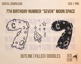 7e verjaardag nummer zeven SVG, Maan ruimte verjaardag nummer 7, ontwerp voor kinderverjaardagsshirt, snijbestand, PNG