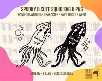 Vampierinktvis SVG PNG, griezelige inktvis Halloween snijbestand, schattig eng oceaanwezen, omtrek en gevuld, Cricut octopus