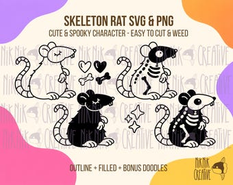 Skeletrat SVG + PNG-set – 4 schattige griezelige Halloween-ontwerpen | Snijbestand en clipart van een knaagdier