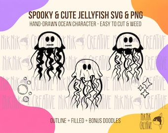 Spookkwal SVG PNG, Skeletkwal Halloween snijbestand, 3 griezelige oceaanfiguren, schattig eng zeedier