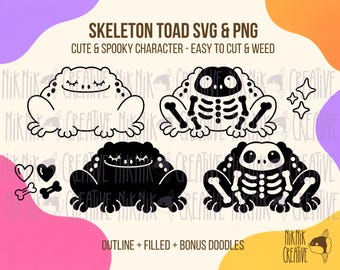 Skeletpad SVG + PNG Set – 4 Leuke griezelige Ontwerpen | Halloween Kikker Snijbestand & Goth Clipart