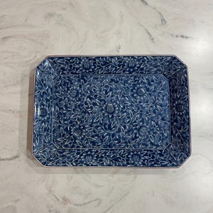Japanese Blue & White Porcelain Serving Platter | Floral Rectangular Tray (34cm)