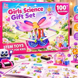 May include: A Girls Science Gift Set box featuring a butterfly construction toy, 100+ activities, and STEM toys for kids. The set includes a small robot, colourful gears, building rods, a dome structure, a ferris wheel model, and an instruction manual.
