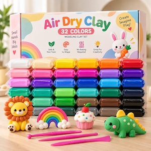 May include: A 32-color air dry clay modeling set in a box labeled Air Dry Clay with a cartoon rabbit. The set includes individually wrapped rectangular clay blocks in various colors, three pink plastic sculpting tools, and clay figures of a lion, rainbow, cupcake, and dinosaur.