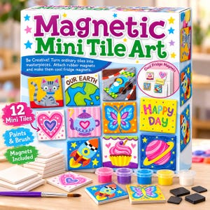 May include: A Magnetic Mini Tile Art craft kit box featuring 12 mini tiles, paints, a brush, and magnets. The box displays colorful painted tile examples including a cat, a heart, a rocket, a cupcake, and a planet. Text on the box reads Magnetic Mini Tile Art, Be Creative! Turn ordinary tiles into masterpieces, and Cool Fridge Magnets.