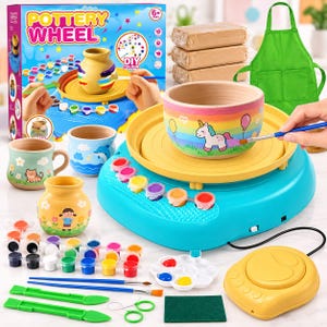 May include: A pottery wheel kit featuring a turquoise base, a yellow spinning platform, and a ceramic bowl painted with a unicorn and rainbow. Includes clay blocks, a green apron, paint pots, brushes, sculpting tools, and a yellow foot pedal.
