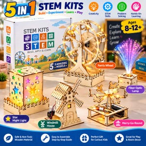 May include: A 5-in-1 STEM kit set featuring wooden models including a Ferris wheel, a star night light, a windmill house, a merry-go-round, and a fiber optic lamp. The packaging displays the text 5 IN 1 STEM KITS BUILD EXPERIMENT LEARN PLAY.