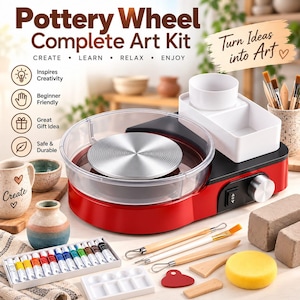 May include: A red and black pottery wheel kit featuring a circular metal spinning plate, a clear splash guard, and a white multi-compartment tray. The set includes various wooden sculpting tools, a yellow sponge, paint tubes, and clay blocks.