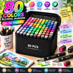 May include: A set of 80 alcohol markers in a black carrying case, featuring dual tips with broad 2-7 mm and fine 0.5-2 mm ends. The set includes a white cup with the text Good Art Brighter Days and a sketchbook showing a landscape illustration.
