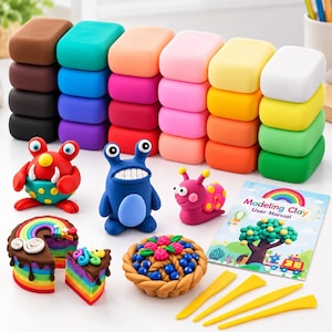 May include: A set of colourful modelling clay blocks stacked in rows, accompanied by three clay figures, a rainbow cake, a berry pie, four yellow plastic sculpting tools, and a Modelling Clay User Manual booklet with a tree and train illustration.
