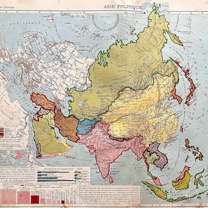 May include: A vintage political map of Asia titled Asie Politique, featuring color-coded regions, detailed coastlines, and smaller inset maps showing demographics, religions, and natural resources. The paper shows aged edges and text in French.