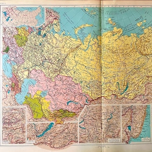 May include: A vintage physical map of the USSR featuring a large central yellow landmass, surrounding regions in pink, green, and blue, and detailed inset maps. The document includes the text 33 URSS and 34 URSS in the top corners.